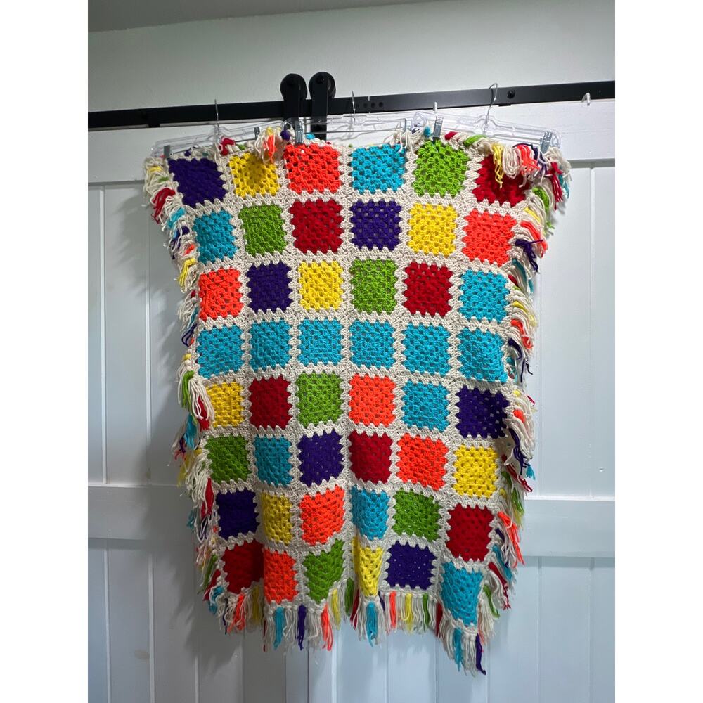 Vintage Crochet Afghan multi colored shawl/blanket handmade. Size: 44"x 34"
